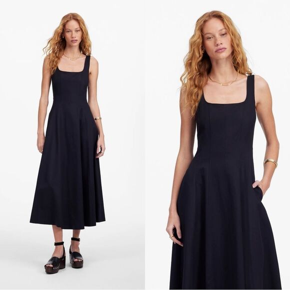 NWT MADEWELL Seamed Squareneck Midi Dress in Jet Black - Picture 1 of 9